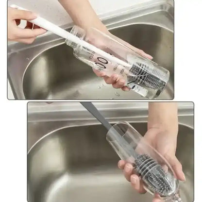 Person using a bottle brush to clean a sink