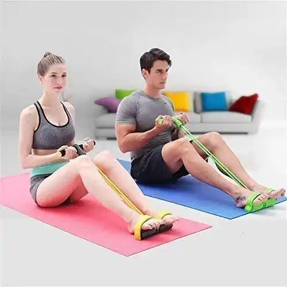 Two people exercising with resistance bands in a living room setting.