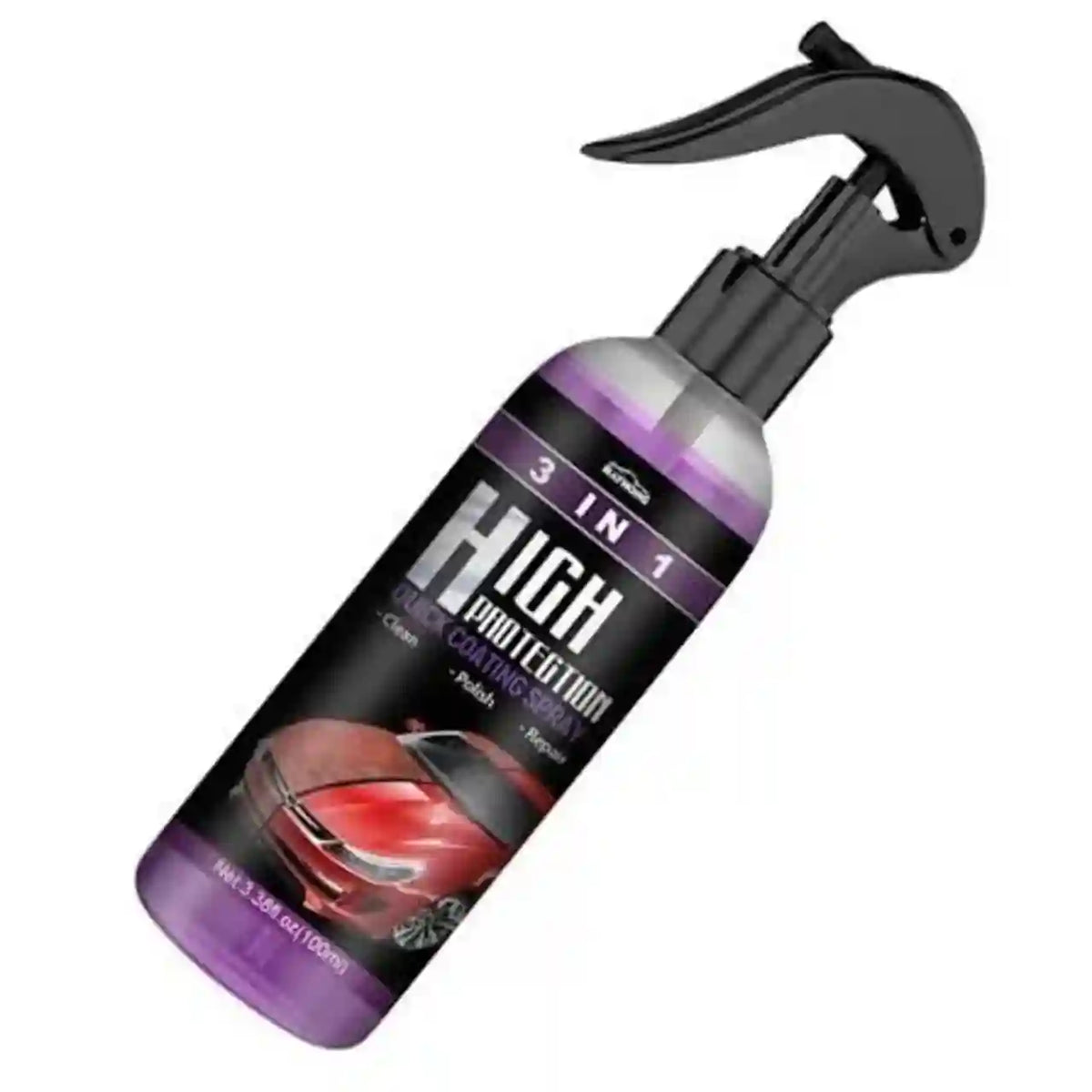 A bottle of high-impact car protection spray with a black trigger sprayer and a purple-accented label, shown on a plain white background.