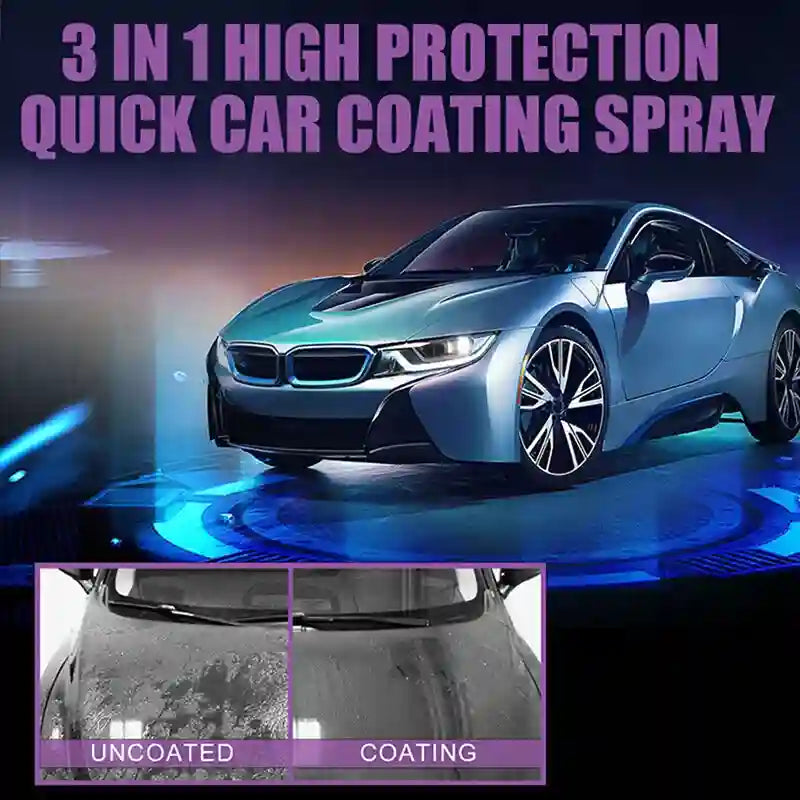 Car with '3 in 1 High Protection Quick Car Coating Spray' text and before/after comparison.