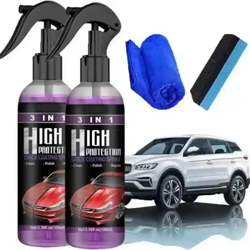 Two bottles of high protection quick coating spray with black spray nozzles, shown alongside a blue microfiber cloth and a blue-and-black sponge. A white SUV is pictured in the background on a reflective surface.