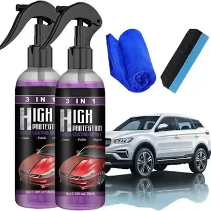 Two bottles of high protection quick coating spray with black spray nozzles, shown alongside a blue microfiber cloth and a blue-and-black sponge. A white SUV is pictured in the background on a reflective surface.