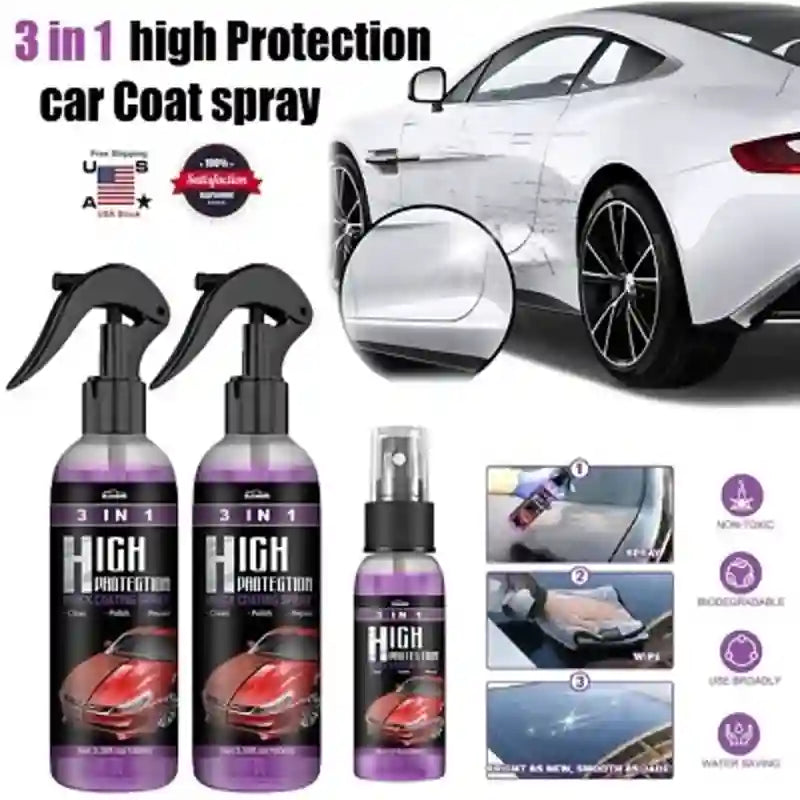 Three bottles of 3 in 1 high protection car coat spray shown alongside a white sports car with a circular inset highlighting a scratched paint area, plus small usage/result icons on the right.