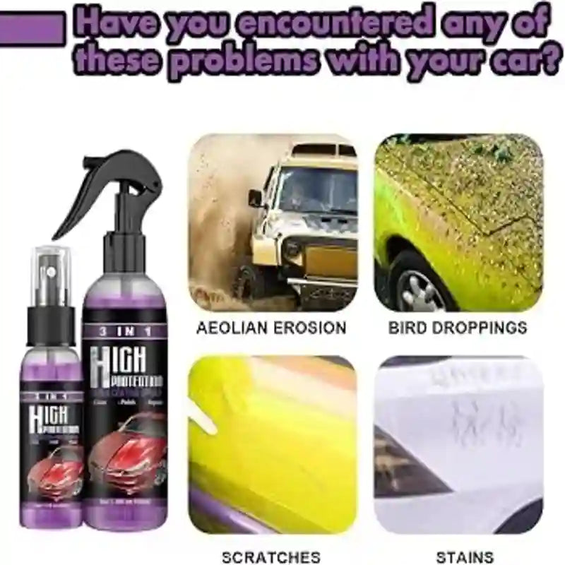 Car care products with images of car issues like erosion, bird droppings, scratches, and stains.