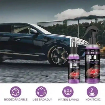 Car with 'High Polishing' spray bottles on a scenic background