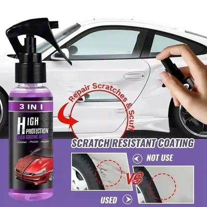 Car scratch repair spray bottle with a car in the background and text about scratch resistance.