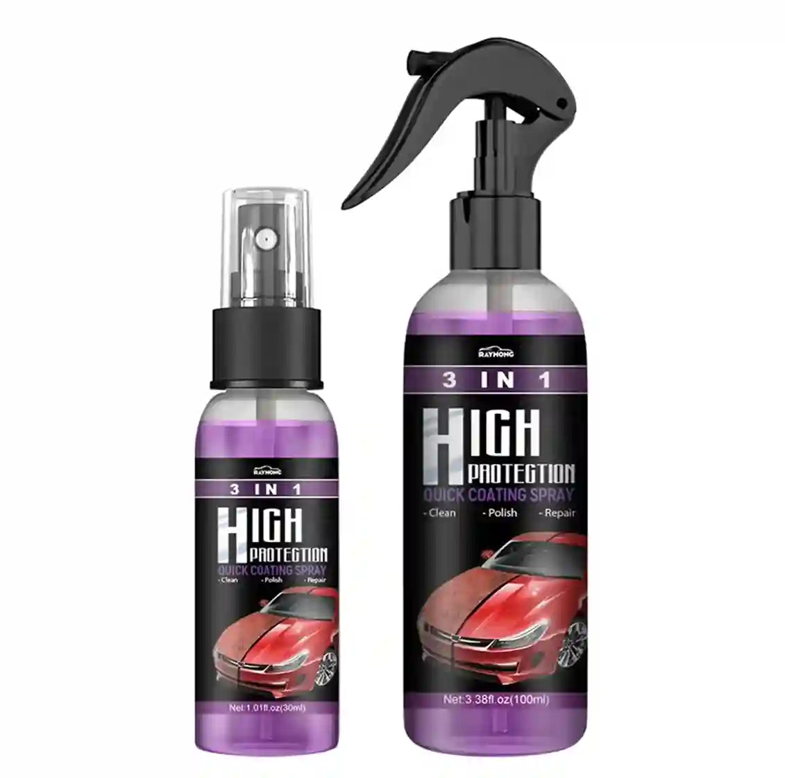Two bottles of a 3-in-1 High Protection Quick Coating Spray shown on a plain white background, one smaller bottle and one larger spray bottle, both with purple liquid, black spray/nozzle tops, and labels featuring a red car.