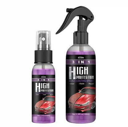 Two bottles of a 3-in-1 High Protection Quick Coating Spray shown on a plain white background, one smaller bottle and one larger spray bottle, both with purple liquid, black spray/nozzle tops, and labels featuring a red car.