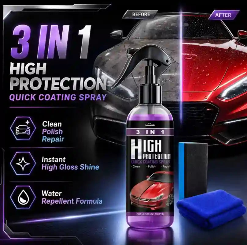 A bottle of 3-in-1 high protection quick coating spray with a black spray top and purple liquid, shown alongside a blue microfiber cloth and a black applicator pad. The background features a split before-and-after car comparison with a wet dark car on the left and a glossy red car on the right.