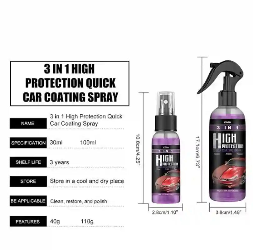 3 in 1 High Protection Quick Car Coating Spray shown with two bottle views on a white background, alongside a specification list. The bottles are purple with black spray tops and black labels featuring a red car graphic and the product name.