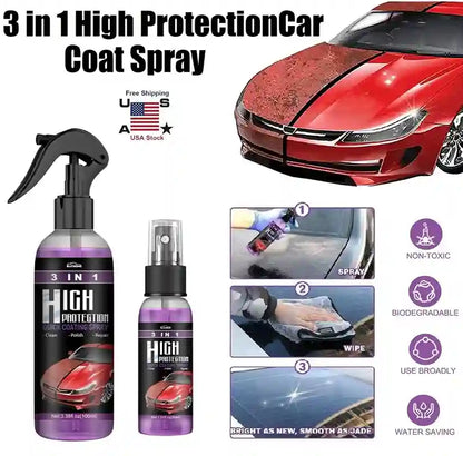 3-in-1 High Protection Car Coat Spray shown with two spray bottles, a red car with water droplets, and feature icons on a white background.
