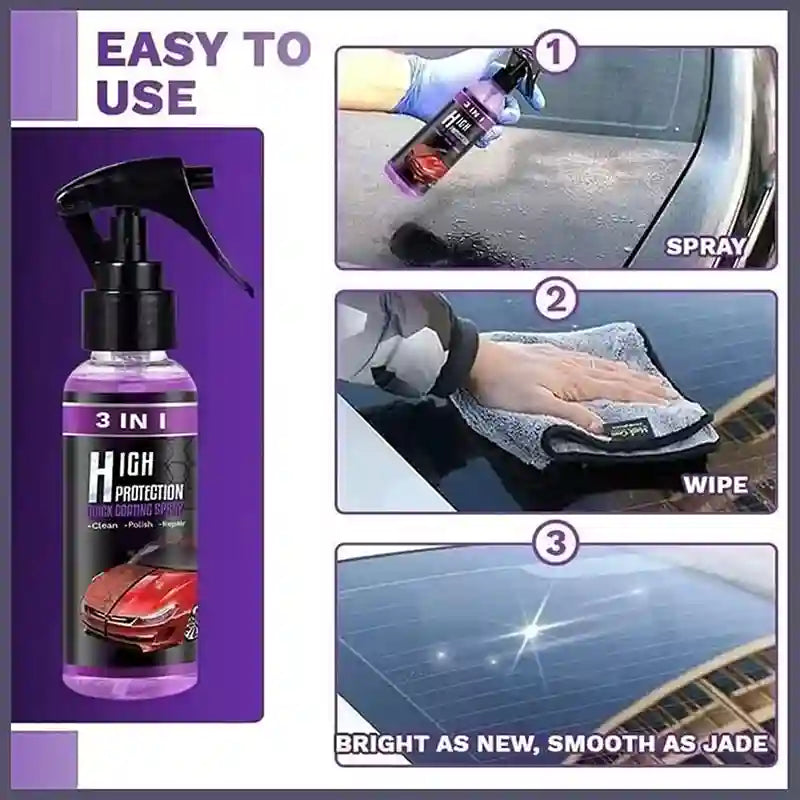 Car cleaning spray bottle with step-by-step instructions on a purple background