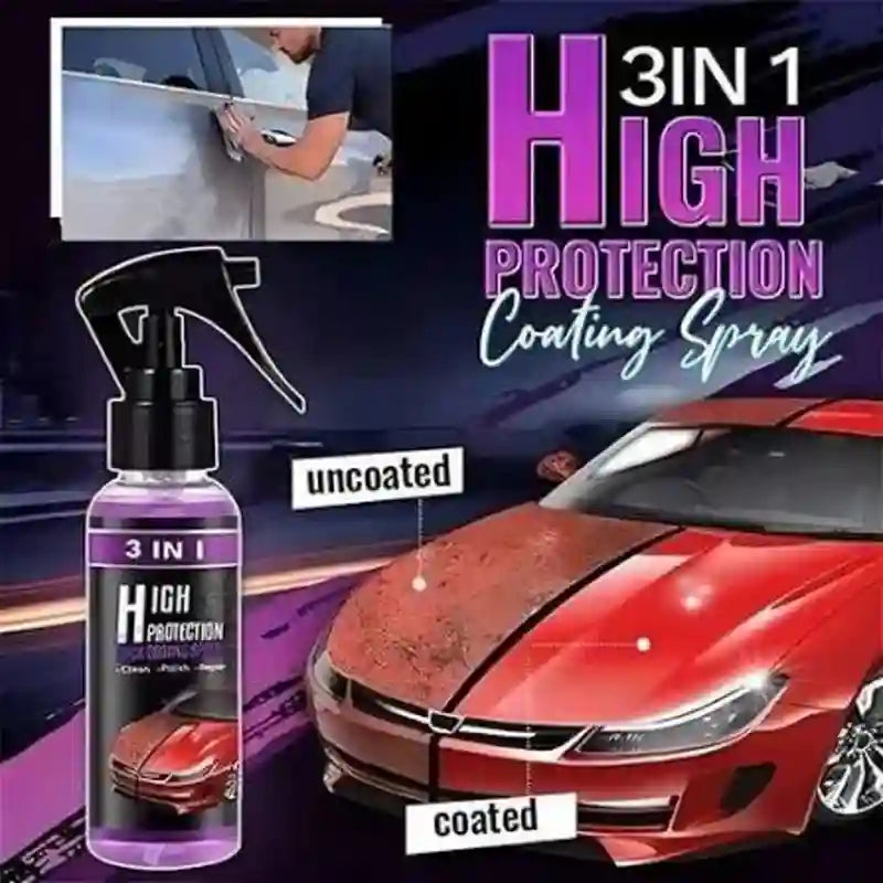 A 3-in-1 high protection coating spray bottle shown next to a red car with a comparison graphic labeled 'uncoated' and 'coated'. The background is dark purple with promotional text.