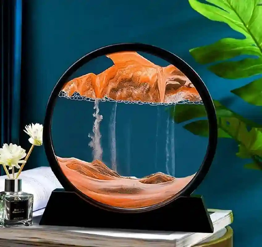 Levitating sand sculpture on a black stand with a blue background