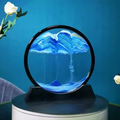 Decorative piece with blue and white design on a black stand against a blue background