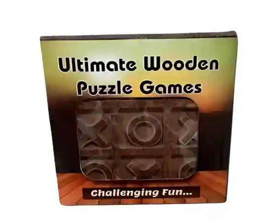 Packaging of 'Ultimate Wooden Puzzle Games' with wooden puzzle pieces visible.