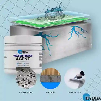 Hydra waterproof agent packaging with application scenarios on a blue background