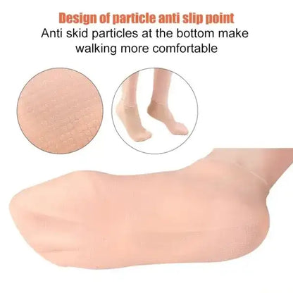 Beige sock with text about anti-slip particles and comfort
