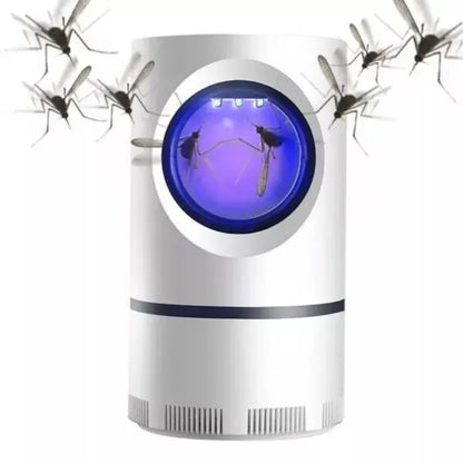 Mosquito killer device with mosquitoes around it on a white background