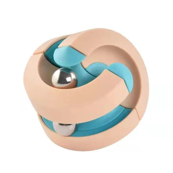Beige and blue puzzle ball with metallic core on a white background