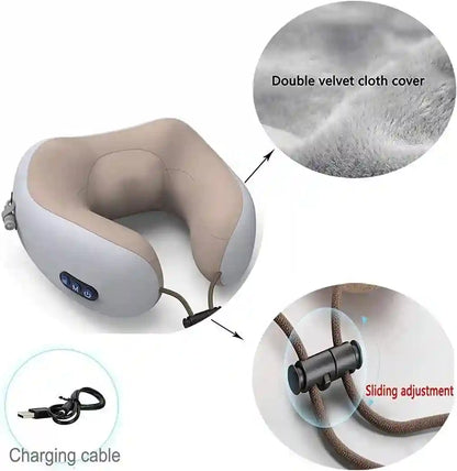 Travel neck pillow with charging cable and close-up details on a white background