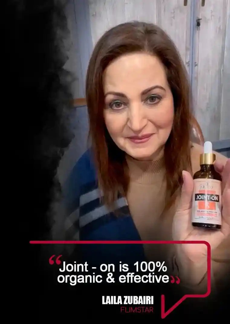 Woman holding a bottle labeled 'Joint-on' with text about its effectiveness.