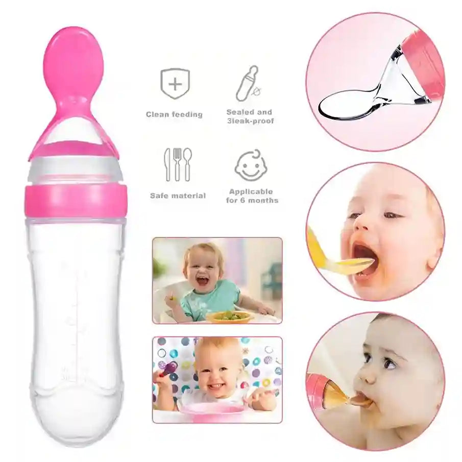 Pink baby spoon with features and usage scenarios on a white background
