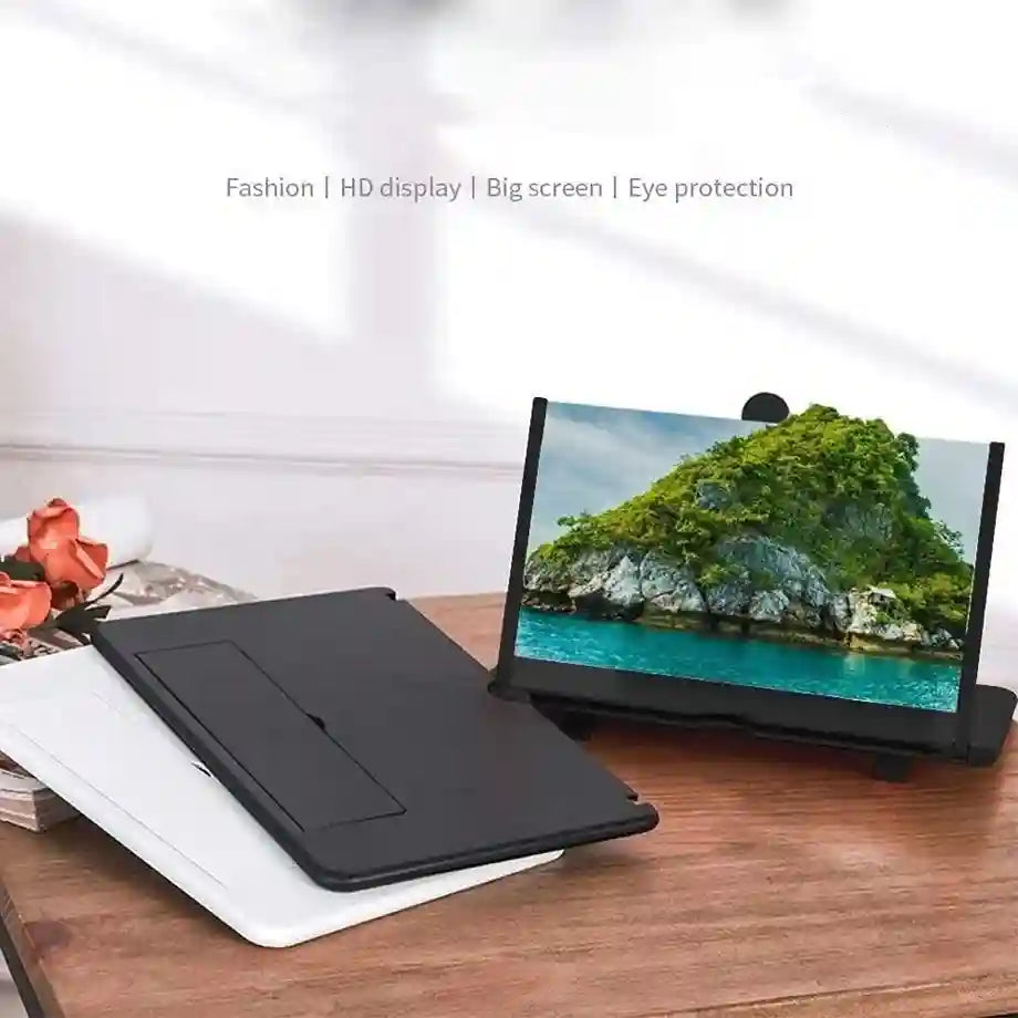 Tablet on a stand displaying a scenic image on a wooden surface with a white background