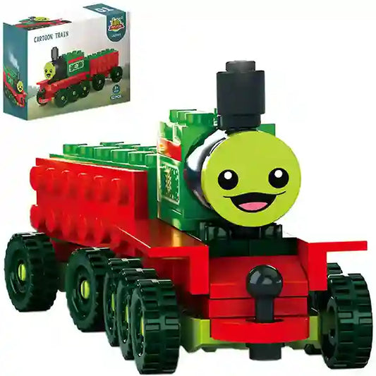 Toy train with a smiling face on a white background