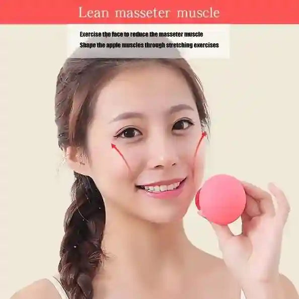 Woman holding a pink ball with text about masseter muscle exercise on a beige background