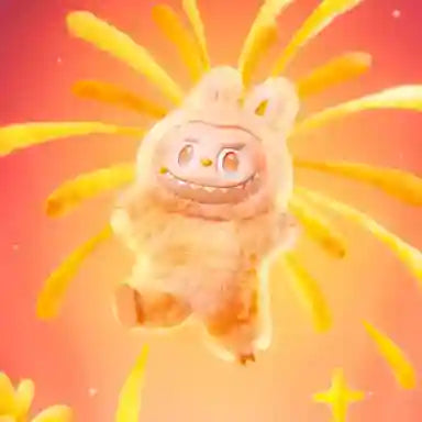 Cartoon character with a happy expression on a bright orange background