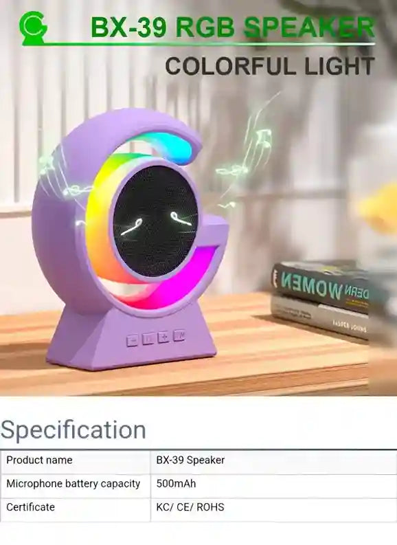 Colorful RGB speaker on a wooden surface with specifications displayed below.