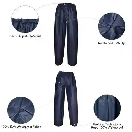 Navy blue waterproof pants with features highlighted on a white background