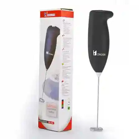 Handheld milk frother with Ongken branding next to its packaging on a white background