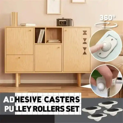 Wooden cabinet with adhesive casters and pulley rollers set on a beige wall background