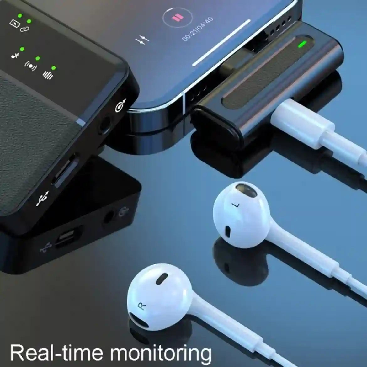 Wireless earbuds with charging case and control device on a reflective surface, featuring 'Real-time monitoring' text.