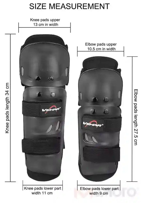 Measurement chart of knee and elbow pads with dimensions labeled
