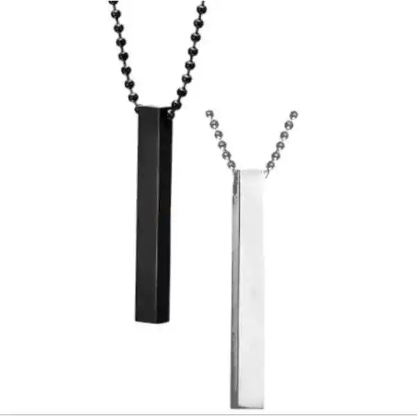 Two necklaces with bar pendants, one black and one silver, on a white background.