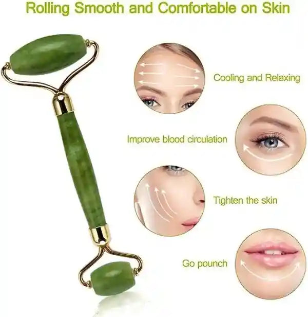 Green facial roller with benefits on a white background