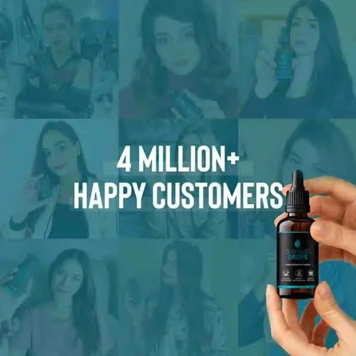 Collage of people with a hand holding a bottle, featuring text '4 MILLION+ HAPPY CUSTOMERS'.