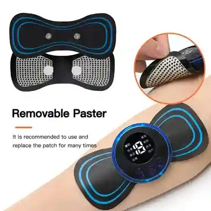 Electrode patches with a digital display on a arm, showing 'Removable Paster' text.