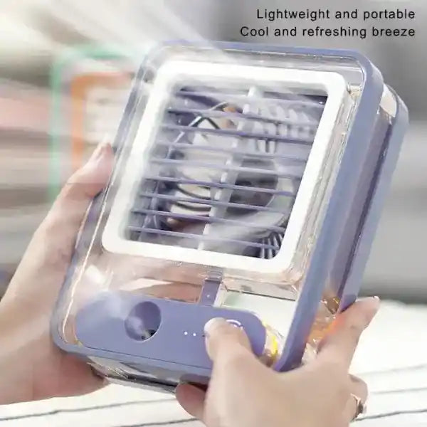 Portable fan held by a hand with text 'Lightweight and portable, Cool and refreshing breeze'.