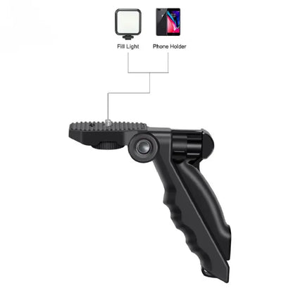 Black camera grip with fill light and phone holder on a white background