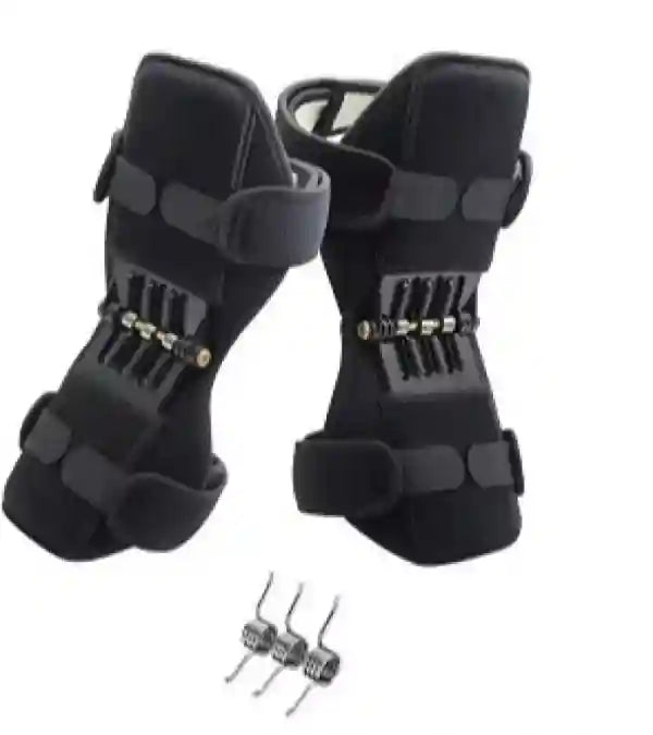 Pair of black knee pads with adjustable straps on a white background