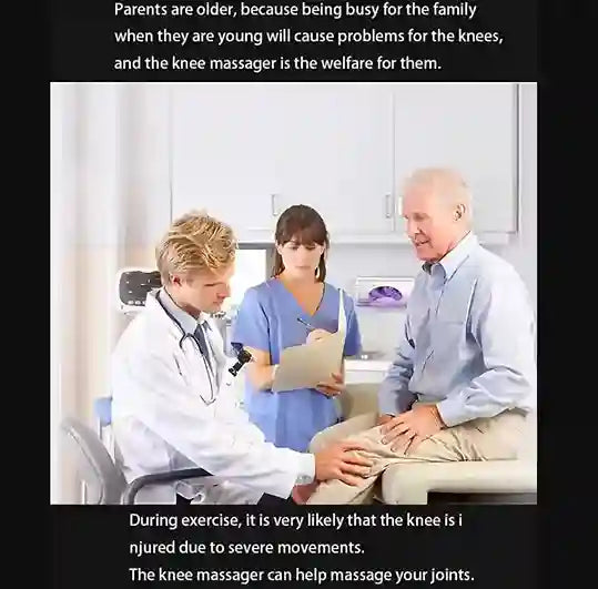 Doctor examining a patient's knee with text about knee issues and massage therapy.