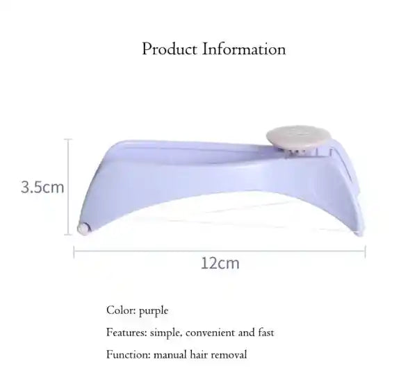 Purple hair removal device with dimensions and features on a white background