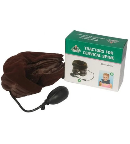 Brown inflatable neck support with packaging labeled 'Tractors for Cervical Spine' on a white background