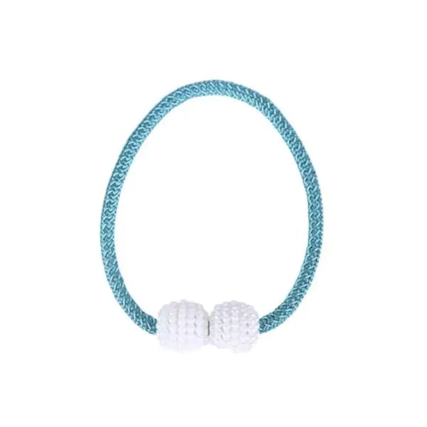 Teal hair tie with white beads on a white background