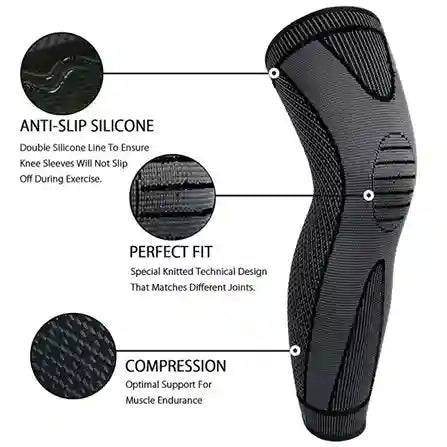 Black knee sleeve with features highlighted on a white background