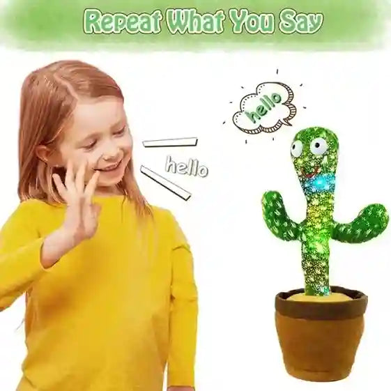 Child interacting with a talking cactus toy with text 'Repeat What You Say' at the top.